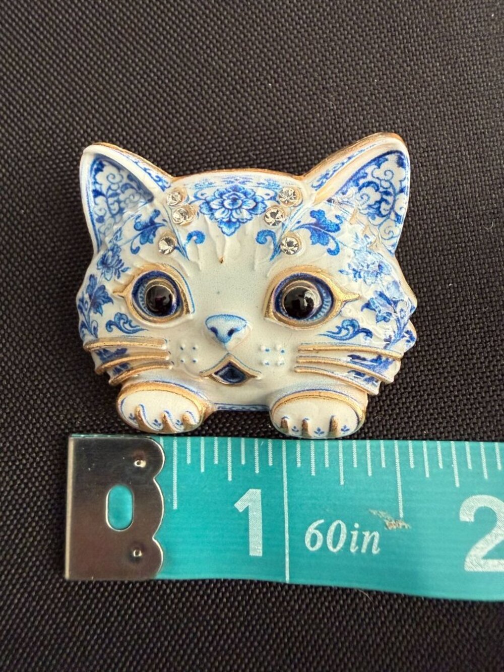 Blue & White Porcelain-Look Brooch Duo – Kitten & Ram Enamel Rhinestone Pins, Go - Picture 6 of 8